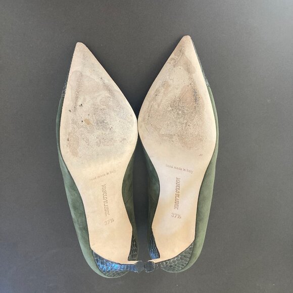 Manolo Blahnik Bipunta Leather Suede Olive Green Pumps Heels IOB EU 37.5 US 7 - Picture 10 of 16